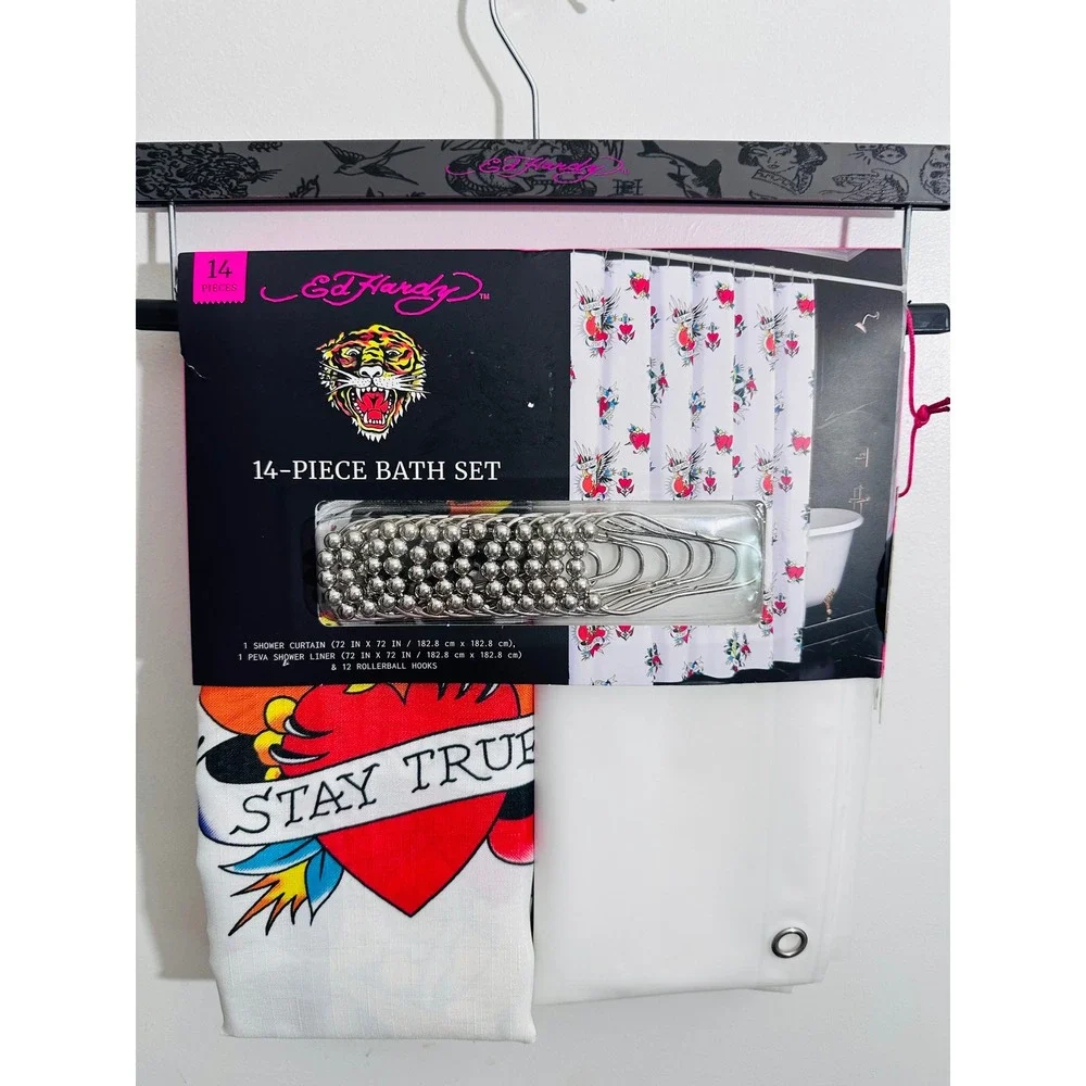 NWT Ed Hardy 14 Pc Shower Curtain Set Tattoo Eagle Heart Y2K Goth Bathroom Decor